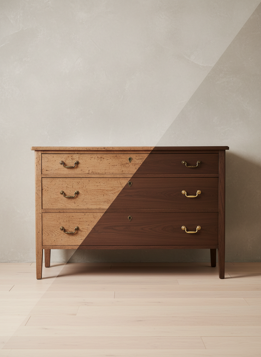 A dramatic before-and-after scene of the same antique oak dresser, divided diagonally: one half dull, scratched, and faded, the other half flawlessly refinished with a rich, deep stain and silky matte finish. The dresser stands in a minimalist studio space with a neutral plaster wall and bare wooden floor. Soft, diffused overhead studio lighting reveals every texture, from chipped veneer on the “before” side to the crisp, restored edges on the “after.” Photographic realism with a centered composition, straight-on camera angle, and sharp focus throughout, creating a polished, editorial mood that showcases the artistry of furniture refinishing and the idea that every piece can be given a sophisticated new future.