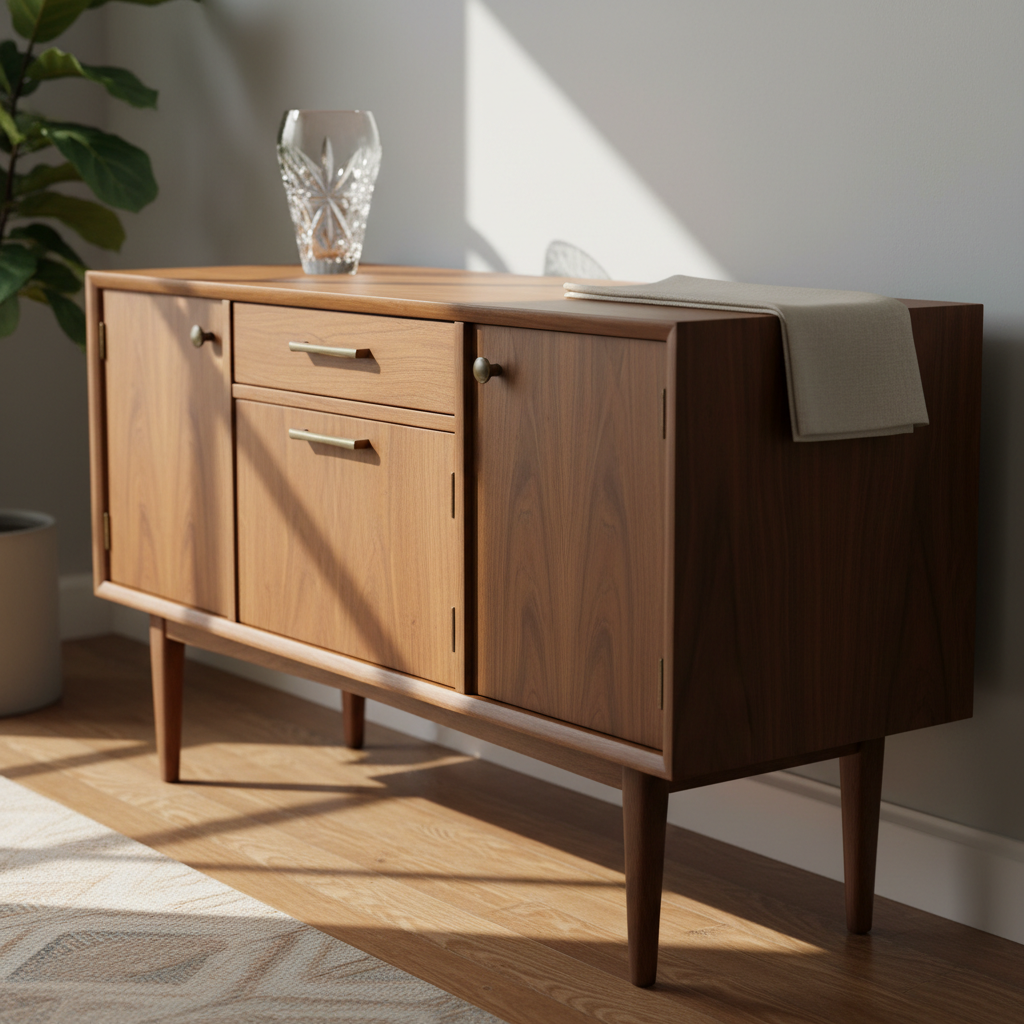 An elegantly refinished mid-century modern walnut sideboard with smooth, satin-sheened wood grain and slender tapered legs, positioned against a soft dove-gray wall. The cabinet doors display subtle variations in tone, hinting at decades of use now carefully restored, with brass hardware polished to a muted glow. On top, a single vintage crystal vase and a folded linen runner add quiet refinement. Soft afternoon window light washes across the surface, highlighting the grain and casting gentle shadows on the floor. Photographic realism, eye-level composition with a slight three-quarter angle, shallow depth of field that softly blurs the background, creating a sophisticated, calm atmosphere that emphasizes the transformation from worn to timeless.