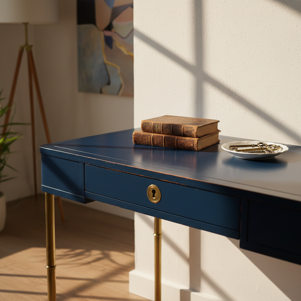 A curated corner vignette featuring a once-neglected vintage writing desk, now exquisitely refinished in a deep, inky blue lacquer with subtly distressed edges revealing warm wood beneath. The desk sits against a textured, warm white wall, with a restored brass keyhole and slender turned legs catching the light. On the surface, a stack of aged, leather-bound books and a small porcelain dish holding antique keys hint at stories of the past. Soft morning light filters in from the left, casting elongated shadows and a gentle glow across the lacquered surface. Photographic realism, eye-level composition with asymmetrical framing, crisp focus on the desk and a slightly blurred background, creating an atmosphere that feels both nostalgic and elegantly contemporary.