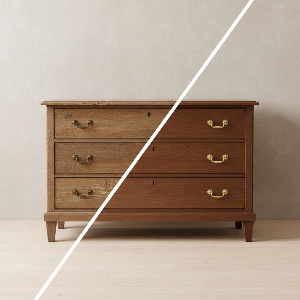 A dramatic before-and-after scene of the same antique oak dresser, divided diagonally: one half dull, scratched, and faded, the other half flawlessly refinished with a rich, deep stain and silky matte finish. The dresser stands in a minimalist studio space with a neutral plaster wall and bare wooden floor. Soft, diffused overhead studio lighting reveals every texture, from chipped veneer on the “before” side to the crisp, restored edges on the “after.” Photographic realism with a centered composition, straight-on camera angle, and sharp focus throughout, creating a polished, editorial mood that showcases the artistry of furniture refinishing and the idea that every piece can be given a sophisticated new future.