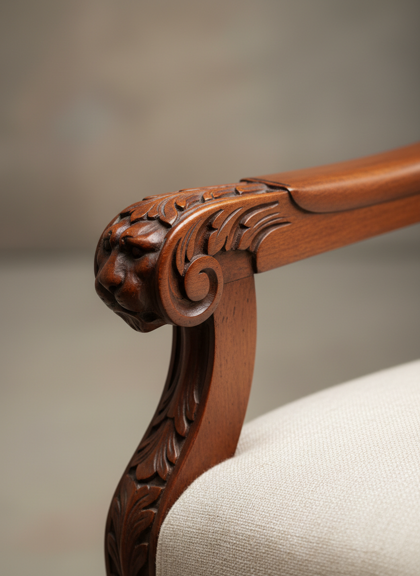 A close-up, photographic realism shot of an intricately carved arm of a restored mahogany armchair, the deep reddish-brown wood glowing with a hand-rubbed satin finish. Every groove of the carving is visible, crisp and clean, with traces of age preserved in the tiniest imperfections. The arm rests on a pale, textured linen upholstery that contrasts softly with the dark wood. Gentle, directional side lighting from a nearby unseen lamp creates a luxurious sheen along the curved edges and delicate shadows in the carvings. The background fades into a soft blur of neutral tones, captured with shallow depth of field and a rule-of-thirds composition, creating a mood of quiet luxury and timeless sophistication.