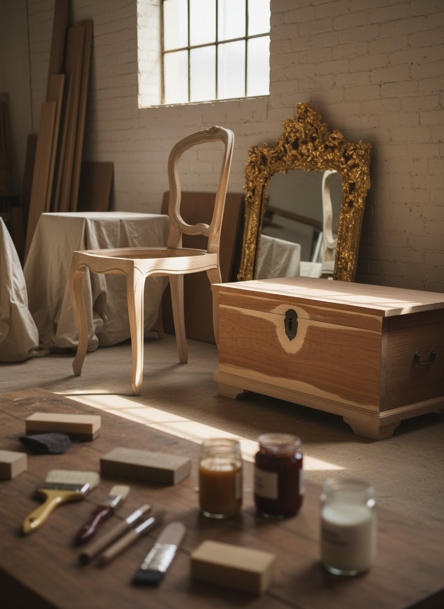 A collection of carefully arranged, partially restored furniture pieces in a refined workshop: a French provincial chair with newly stripped curved legs, a vintage cedar chest mid-sanding, and an ornate mirror frame freshly gilded. Surrounding them are neatly organized tools—natural bristle brushes, fine-grit sanding blocks, glass jars of stain and finish—laid out on a reclaimed wood workbench. Warm, directional light from a high window creates dramatic highlights on exposed wood and gentle shadows under tools, evoking a sense of meticulous craftsmanship. Photographic realism, shot from a slightly elevated angle with the workbench in the foreground and the pieces receding softly into a subtle bokeh, conveying an atmosphere of quiet focus and sophisticated artistry.