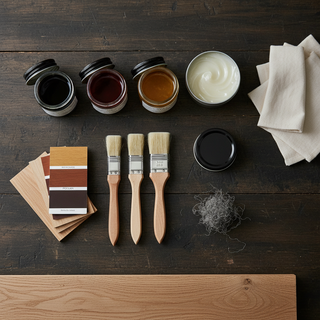 A refined flat-lay composition of premium refinishing materials arranged on a dark, weathered wooden tabletop: glass jars of richly colored stains, a tin of clear wax with a buttery surface, high-quality natural brushes with clean bristles, fine steel wool, color sample boards, and neatly folded, off-white cotton rags. A partially sanded piece of oak rests at the edge, showing the contrast between raw and finished wood. Overhead, soft diffused studio lighting eliminates harsh shadows while creating subtle highlights on metal lids and glass surfaces. Photographic realism with sharp focus across the frame, carefully balanced composition, and a muted, sophisticated color palette that communicates precision, care, and the elevated craft of furniture refinishing.